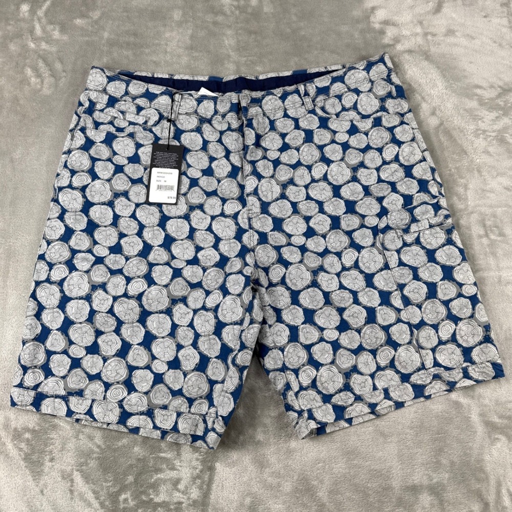 WRK Mens Indigo Wood Grain Tree Ring Print Cotton Shorts Size 36 NEW